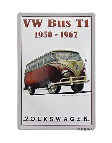 BRISA VW Collection - Volkswagen Retro-Blech-Schild-Vintage-Dekoration Geschenk-Idee aus Metall im T1 Bus Design (Samba/Rot)