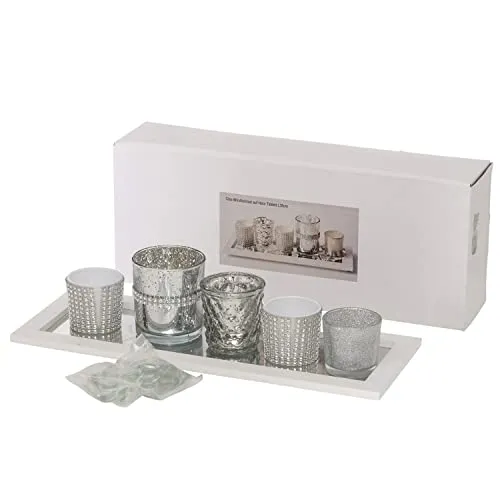 MamboCat Teelichthalter B. Glas-Windlicht-Set Pit auf Holz-Tablett - Teelichthalter Set mit 4 Windlichtern und Holz-Tablett, schafft ein einzigartiges Ambiente und ist ideal zur individuellen Dekoration in jedem Raum.