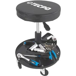 TECPO Werkstatt Rollsitz mit Ablage für Werkzeug - Höhenverstellbarer Werkstatthocker mit gepolsterter Sitzfläche und großem Ablagefach, max. Belastbarkeit 135 kg, ideal für komfortables Arbeiten in der Werkstatt.