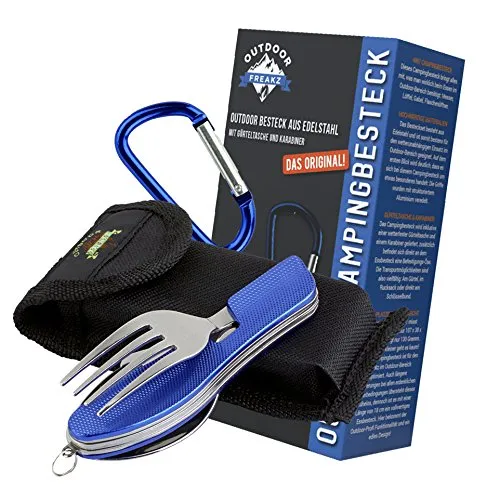OUTDOOR FREAKZ Klapp-Besteck aus Edelstahl mit Gürteltasche - Camping-Besteck 4-in-1: Messer, Löffel, Gabel und Flaschenöffner in einem, aus hochwertigem Edelstahl, inklusive wetterfester Gürteltasche für vielseitige Transportmöglichkeiten.