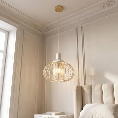 Moderne Pendelleuchte Weiß Gold 30 cm - Drahtschirm Hängelampe - Stilvolle Pendelleuchte mit elegantem Drahtschirm, ideal für Wohnzimmer, Esszimmer und Küche. Die freie Wahl der Leuchtmittel ermöglicht individuelle Lichtgestaltungen.