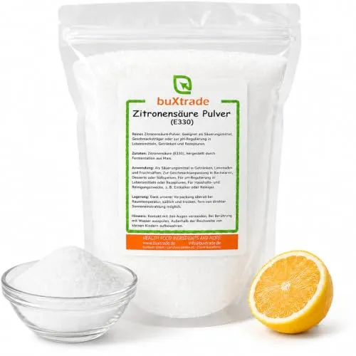 Buxtrade 1 kg Zitronensäure E330 – Lebensmittelqualität, 100% rein, vegan | Entkalken, Backen, Kochen & Reinigen: leicht löslich, für Küche & Haushalt, auch für Wasserkocher & Kaffeemaschinen geeignet