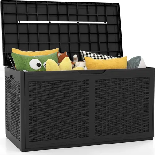 GOPLUS 380 L Gartenbox, Auflagenbox wasserdicht mit Rollen, Deckel, Kissenbox Outdoor aus Rattanstruktur, Gartentruhe für Gartengeräte (Schwarz)