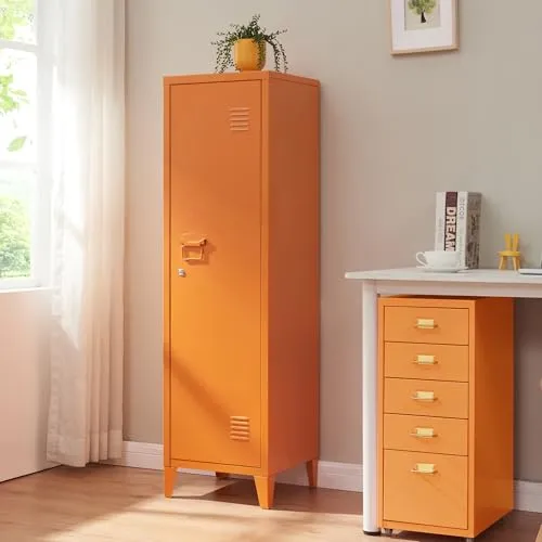 [en.casa] Metallspind Kurikka mit 2 Ablagen – abschließbar, orange, 137 x 38 x 38 cm - Praktischer Stauraum für Werkstatt, Büro oder Garage: Zwei feste Ablagefächer bieten geordnete Aufbewahrung. Robuste Bauweise und schneller Aufbau machen diesen Spind zum idealen Begleiter für strukturierte Ordnung.