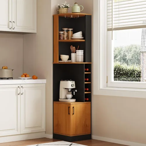 okwish Eckschrank mit Weinglasregal und offenen Fächern, Schwarz