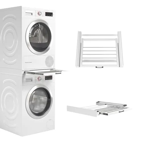 RMBO Zwischenbaurahmen trockner wasmachine mit Wäscheleine, Verbindungsrahmen Waschmaschine trockner universal, Stahl Weiß, 100kg (54,5x60,5cm) Wasmachine trockner verbinding