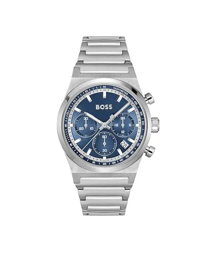 BOSS Candor Chrono Herren Chronograph Uhr 1514250 - Armbanduhren für Herren mit präzisem Chronographenwerk und Datumsanzeige. Elegantes Edelstahlarmband und modernes, gebürstetes blaues Zifferblatt für einen souveränen Auftritt.