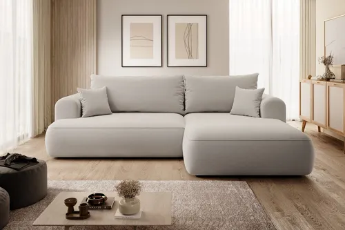 Selsey Ecksofa Creme, L-Form mit Ottomane rechts, 260x165 cm - Komfortables Ecksofa in L-Form mit Easy-Clean-Veloursbezug, ideal für Wohnzimmer. Verwandelt sich leicht in ein Doppelbett und bietet optimalen Sitzkomfort dank hochwertiger Polsterung.