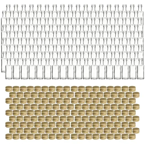 gouveo 162er Set Mini-Glasflaschen 20 ml (0,02 l) Mini-Glasflasche 20 ml Dorica goldfarbener Schraubverschluss PP18 kleine Glasfläschchen zum Abfüllen für Proben, Likör, Öl, Essig, DIY (DFT020G)