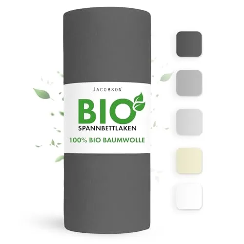 Jacobson Bio Spannbettlaken 160x200cm Baumwolle Spannbettlaken, GOTS zertifiziertes Bettlaken, 160g/m² Jersey Spannbetttuch (160x200, Anthrazit)