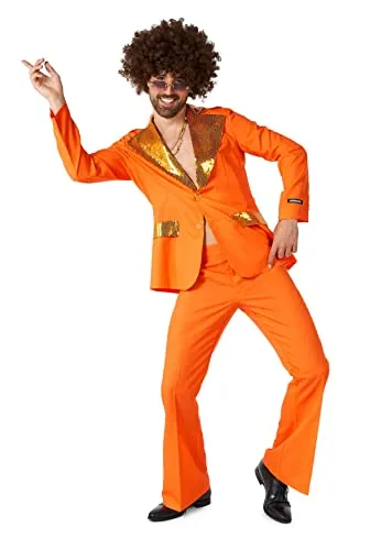 Suitmeister Herren Disco Kostüm - 70er Jahre Retro Outfit in Orange - KOSTÜME FÜR KINDER: Feiere im stylischen 70er Jahre Disco-Anzug mit Blazer, Hose und Krawatte. Ideal für Partys, tanze die Nacht durch und sei der Hingucker auf jeder Veranstaltung!