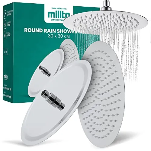 Millto™ Runder Edelstahl Duschkopf Regendusche 30 cm | Regenduschkopf Gross 12 Zoll Brausekopf Dusche Armaturen Anti-Kalk | Kopfbrause Chrom Ultradünn Wassersparender Duscharmatur