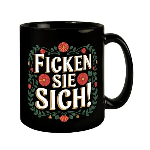 Ficken Sie sich Blumensprache Tasse schwarzer Kaffeebecher mit floraler Illustration und großem Text in großen Buchstaben für stilvolle Statements