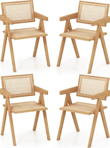 COSTWAY 4er Set Esszimmerstuhl aus Bambus mit Armlehnen und Rattan