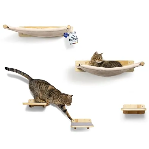WOOWOOD® Kletterwand Katzen inkl. 2X Katzentreppe Wand [Massivholz] I Kratzbaum Wand I Hängematte Katze I Wandkratzbaum I Katzenmöbel I Katzenwand I Katzen Kletterwand Set (5-teilig