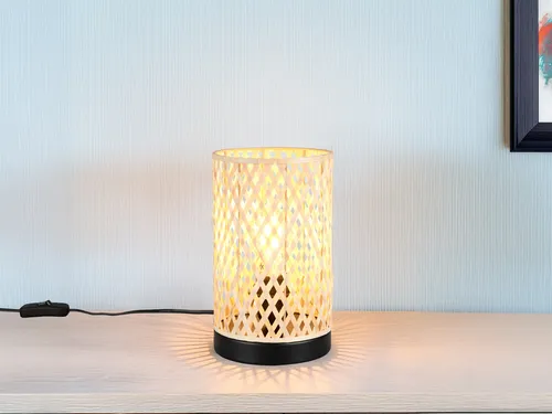 Kleine LED Nachttischlampe aus geflochtenem Bambus, H: 23cm - Klassische Tischleuchten mit stylischem Bambus-Lampenschirm, dimmbar in 3 Stufen und ideal für Nachttisch oder Wohnzimmer.