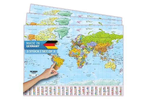 Goods+Gadgets Poster GOODS+GADGETS Weltkarte Poster – Politische Weltkarte mit Flaggen, Politisch (mit Fahnen & Flaggen, 3 St), 140x100cm