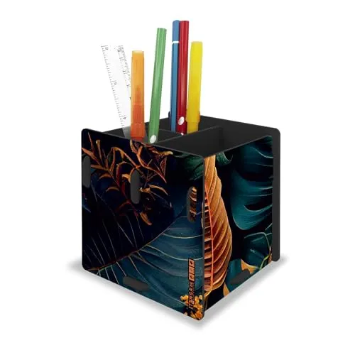 itenga Stifteköcher mit Motiv zum Zusammenstecken - 3 Fächer - Stiftehalter Kinder Schüler Schreibtisch Organizer Stiftebox - 10x 10 x 9,5cm (Motiv exotische Blätter)