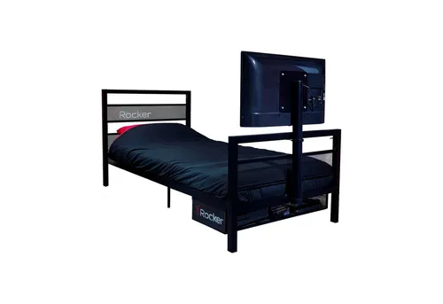 X-Rocker Basecamp TV Gaming Bett mit TV Halterung – 91cm Einzelbett für Gamer - Gaming-Bett mit drehbarer TV-Halterung für Fernseher bis 40 Zoll, ideal für Kinderzimmer. Stauraum und optimale Belüftung für Konsolen sorgen für ein perfektes Gaming-Erlebnis.