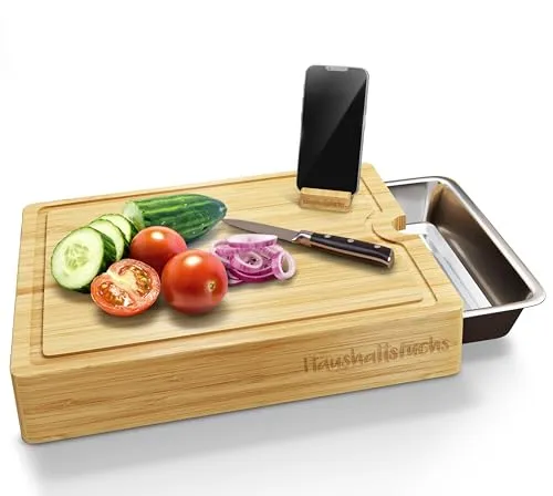 HaushaltsFuchs® Premium 100% FSC® Bambus Schneidebrett mit großer Auffangschale, Handyhalterung & Saftrille – XXL Küchenbrett Holz mit Edelstahl Auffangbehälter