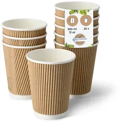 BIOZOYG Riffelbecher 25 Stück 300 ml / 12 oz, Ø 90 mm, braun, innen weiß - Becher für Heißgetränke - Kaffeebecher to go aus Pappe - Einwegbecher