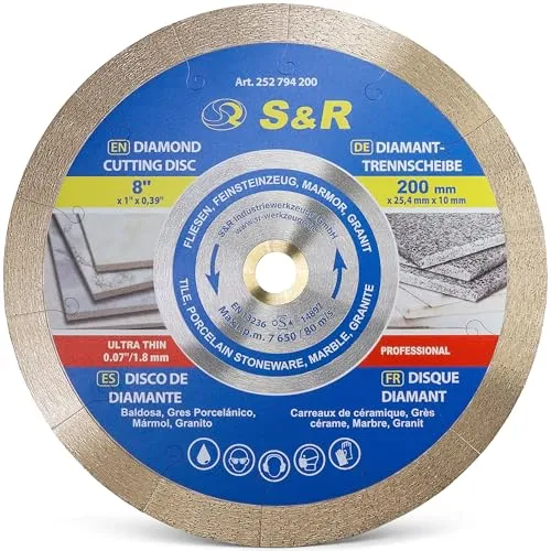 S&R Diamanttrennscheibe 200 mm - Extra dünn für präzise Schnitte - Diamant-Trennscheibe mit 200 mm Durchmesser, ideal für sauberes Trennen von Fliesen, Porzellan und Marmor. Extra dünner Schneidrand sorgt für präzise Schnitte ohne Materialverlust.