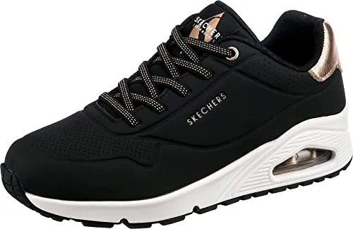 Skechers Damen Uno Shimmer Away Sneaker - Black Durabuck mit Rose Gold Trim - Damen-Sneaker mit luftgekühlter Memory Foam Einlegesohle und sichtbarer, luftgepolsterter Zwischensohle für ultimativen Komfort und Stil.