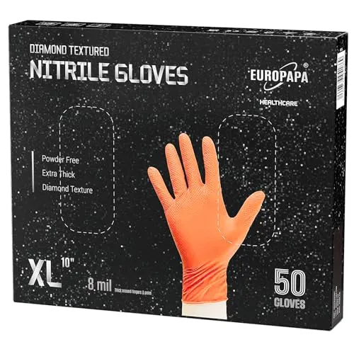 EUROPAPA® 50x extra Dicke Nitrilhandschuhe DiamantGrip Diamant Perfect Grip Einweghandschuhe Montageschutzhandschuhe puderfreier latexfreier Arbeitshandschuhe (8 mil, Orange, XL)