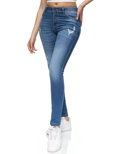 REPUBLIX Damen Destroyed Mid Waist Skinny-Fit Stretch Jeans RJ-1003 in Mid Blue 46 - Stylische Damenjeans mit Destroyed-Optik, perfekt für einen lässigen Look. Elastischer Stretch-Denim sorgt für optimalen Tragekomfort.