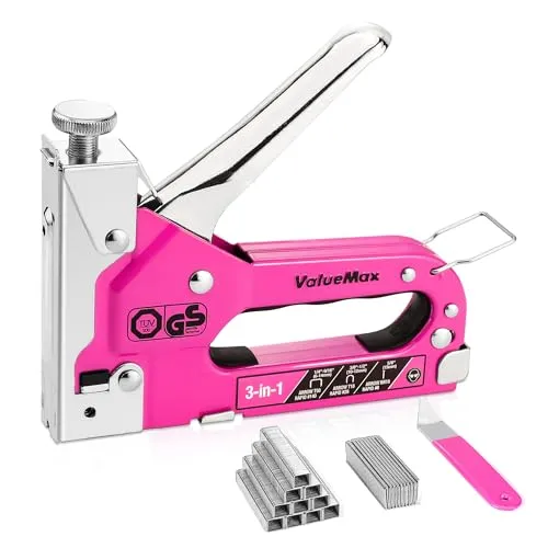 ValueMax 3-in-1 Handtacker Set mit 2000 Klammern- TÜV GS geprüft- Rosa Profi Tacker für Holz, Typ 140/28/8 Tackerpistole mit einstellbarer Schusskraft für Dekoration, mit Klammerentferner