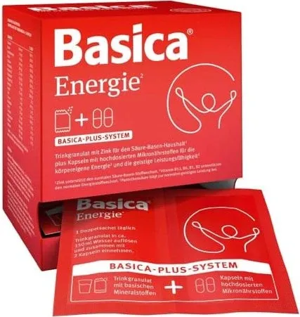 Basica Energie Trinkgranulat + Kapseln für 30 Tage - Nahrungsergänzungsmittel mit basischen Mineralstoffen, vegan und ohne Zucker. Praktisches Doppel-Sachet für eine einfache Einnahme mit erfrischendem Zitronengeschmack.