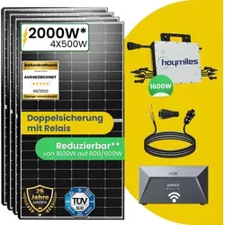 Balkonkraftwerk mit Speicher 2000W Photovoltaik Hoymiles HMS-1600-4T Wechselrichter Anker SOLIX Solarbank E1600 Solarspeicher und 5m Wielandstecker