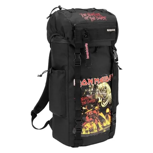 Brandit Iron Maiden Festival Rucksack - Schwarz - 40L - Rucksack mit großem Iron Maiden Logo, 40L Volumen, gepolstertem Laptopfach und abnehmbarem Hüftgurt. Ideal für Festivals und Outdoor-Aktivitäten.
