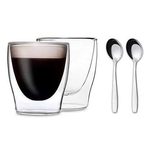 DUOS® Espressotassen Set 2x 80ml + 2x Löffel - Espresso Gläser, Espresso Tassen, Doppelwandige Gläser, Espressotasse, Espressotassen Glas, Thermogläser Doppelwandig Latte Macchiato Gläser Doppelwandig