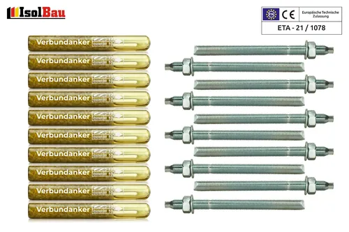 Set 10x Verbundankerpatrone M10 + Ankerstange M10 x190mm Verz. ETA Mörtelpatrone