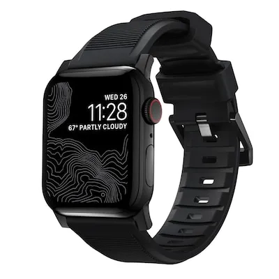 Nomad Armband Rugged V2 Connector Black 42/44mm - Robustes Wearables Zubehör für die Apple Watch, strapazierfähig und wasserresistent, ideal für aktive Nutzer mit Handgelenkumfang von 150 bis 210 mm.