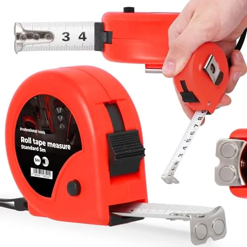 Bandmaß 5 m Metermaß Maßband Bandmaß Rollmeter Rollband Rücklauf Feststeller Gürtelclip Autorollsystem Automatisches Einziehen Magnethaken Metrische Skala