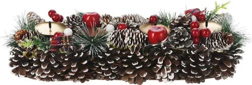 Bambelaa! Adventskranz Künstlich Länglich mit 4 Kerzenhaltern - Festlicher Adventskranz aus Holz und Metall mit Schnee-Effekt, ideal für die Tischdeko zur Adventszeit. Inklusive 4 goldenen Kerzenhaltern für eine stimmungsvolle Beleuchtung.