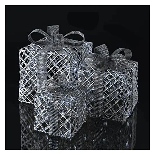 EMOS Silberne LED Weihnachtsgeschenke mit breitem Schleifenband und dekorativer Schleife, 3 Stk Weihnachtsdekoration, Kaltweiß, 3m Kabel, Netzteil mit Timer, IP20 für Innenbereich
