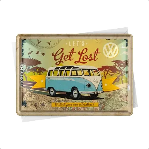 Nostalgic-Art Retro Blechpostkarte, 10 x 14 cm, VW Bulli – Let's Get Lost – Volkswagen Bus Geschenk-Idee, Original Lizenzprodukt (OLP), Postkarte aus Metall, Mini-Blechschild als Grußkarte