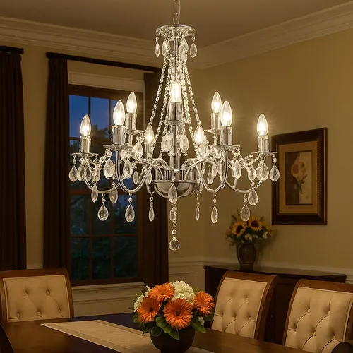 Pendelleuchte Kronleuchter 9-flammig aus Chrom - Eleganter Kronleuchter für Wohnräume mit 9 E14 Fassungen und funkelnden Acrylkristallen. Ideal über Esstisch oder im Wohnzimmer, Durchmesser 63 cm, Höhe 153 cm.