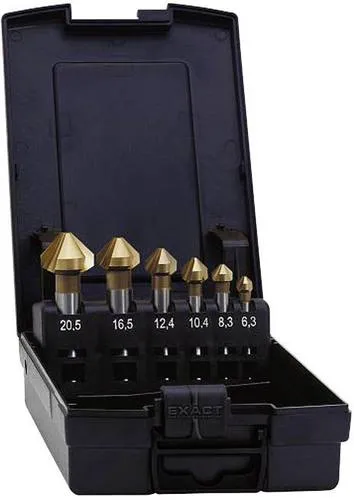 Exact 05568 Kegelsenker-Set 5-teilig - Bohrer-Set mit 5 Kegelsenkergrößen (6.3 mm bis 25 mm), ideal zum Senken und Entgraten für präzise Ergebnisse.