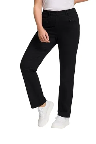 Ulla Popken Damen Basic-Stretchhose Mony - Schwarz, 40W / 34L - Wanderhosen mit Lieblings Passform Mony und StayBlack Vorteil für dauerhaft farbechte Qualität. Ideal für jedes Abenteuer dank teilelastischem Bund und praktischen Reißverschlusstaschen.