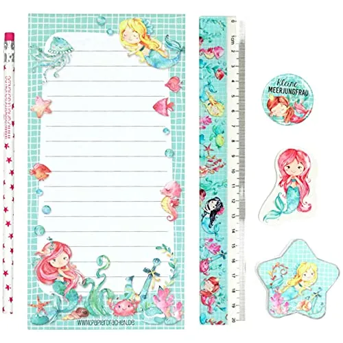 Papierdrachen 6-teiliges Schreibset für Grundschul Kinder - Meerjungfrau-Motiv - mit Bleistift Spitzer Lineal Radierer Schreibblock - Geschenkidee zur Einschulung - Mitgebsel Kindergeburtstag