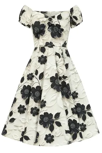 Hearts & Roses London Swing Kleid Taylor Floral Vintage Retro Fit-N-Flare 50er, Größe:S - Freizeitkleid für Damen mit herzförmigem Ausschnitt und romantischem Blumenmuster, ideal für Vintage-Liebhaber.
