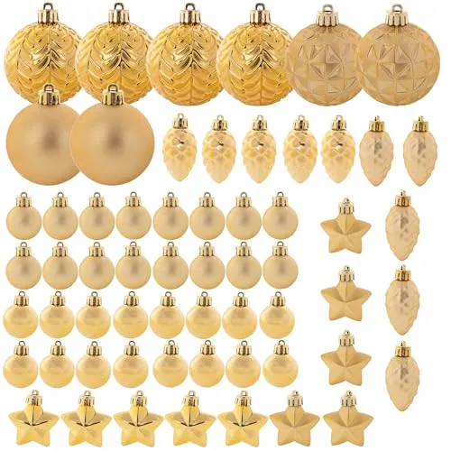 KADAX Weihnachtskugeln aus Kunststoff, Set aus 60 Kugeln, Christbaumkugeln, Weihnachtsbaumkugeln, Baumkugeln, Christbaumschmuck, Weihnachtsdeko (Gold)
