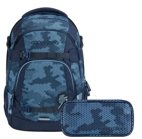coocazoo MATE Schulrucksack-Set 2tlg inkl. Schlamperbox (Geometric Sky) - Schulranzen-Set mit 30 Litern Volumen, ergonomischem Tragekomfort und individuellem Design dank austauschbarer Klett-Patches – ideal für Schule und Freizeit.