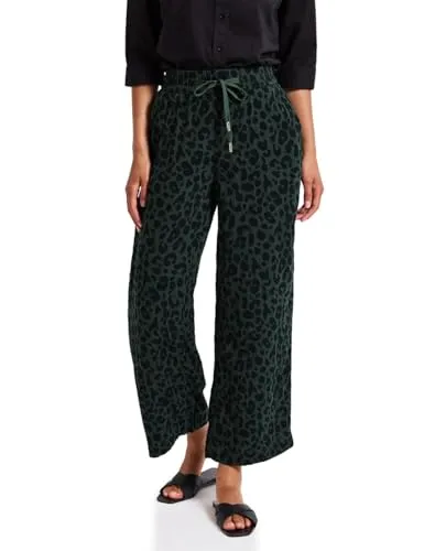 STREET ONE Damen A378975 Gemusterte Musselin Hose, Mid Green - Damen-Hosen: Sommerhose im Loose Fit mit hohem Bund, elastischem Tunnelzug und seitlichen Taschen aus reiner Baumwolle für höchsten Tragekomfort.