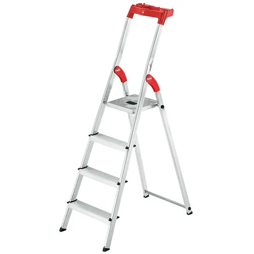 Hailo Alu-Sicherheits-Stehleiter 4-stufig L61 HB - Leitern - Robuste Aluminium-Stehleiter mit 4 Stufen, ideal für sicheres Arbeiten in Höhen bis 159 cm und einer Tragfähigkeit von 150 kg.