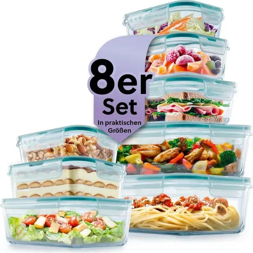 GOURMETmaxx Glas-Frischhaltedosen Klick-it 8er Set - Vorratsdosen-Sets, temperaturbeständig von -20 bis +330°C, ideal für Mikrowelle, Gefrierschrank und Spülmaschine, perfekt für Meal Prep und als Lunchbox.